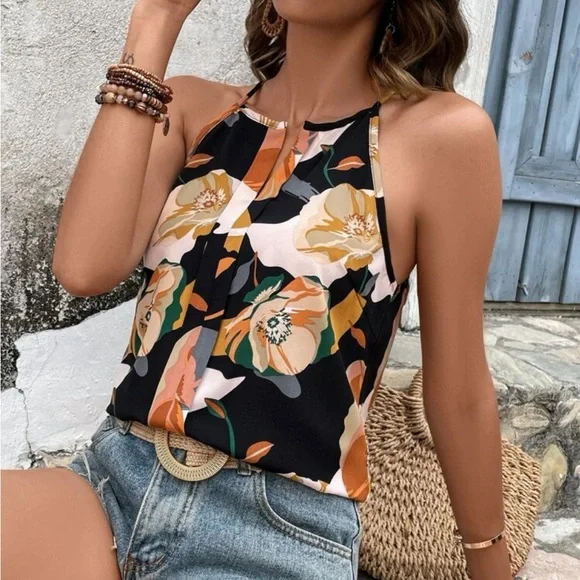 Boho Floral Print Cami Top Blouse Shirt Black - Picture 1 of 5